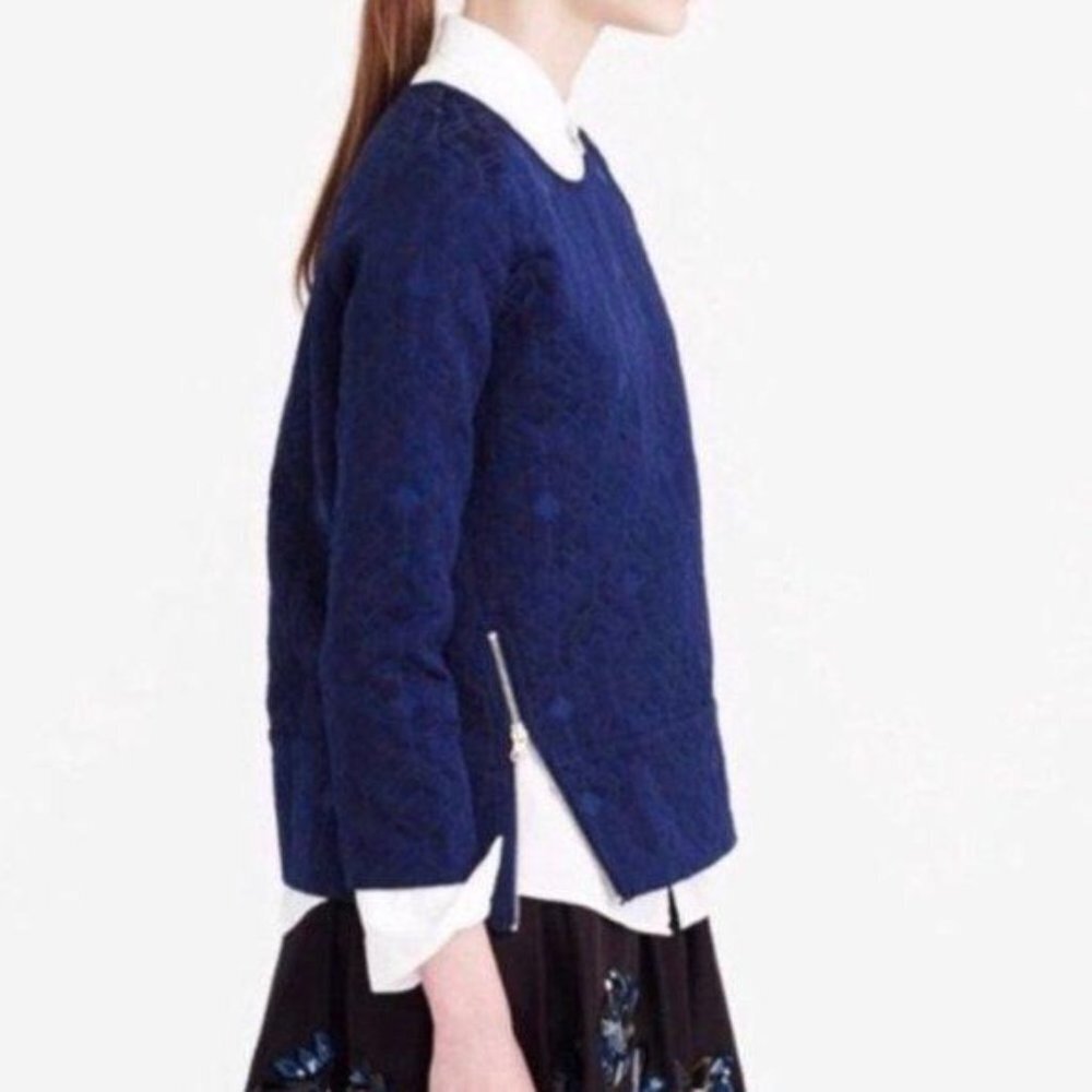 J Crew Blue Brocade Quilted Zip Layering Top Womens Size 00 3/4 Sleeve Side Zips - Picture 2 of 9
